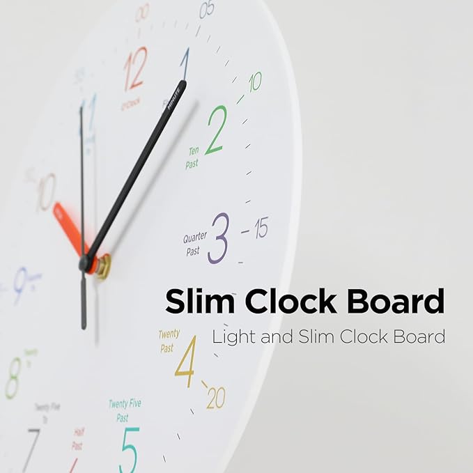 mooas Kids Easy Learning Flatwood Wall Clock,12" Wood Clock for Kids Learning Non-Ticking Sweep Movement Decorative Clock Battery Operated Wall Clock for Home Living Room Bedroom School