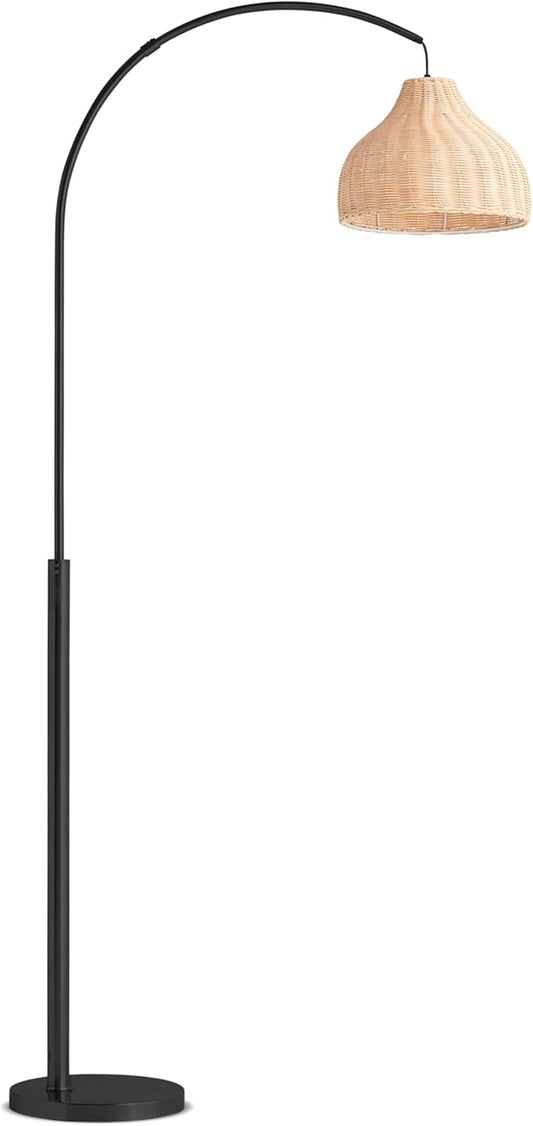 Brightech Lark Standing LED Floor Lamp for Bedroom, Living Room, Office - Modern Tall Corner Arc Lamp with Boho Hanging Rattan Shade - Bright Bedside Reading Light - Black