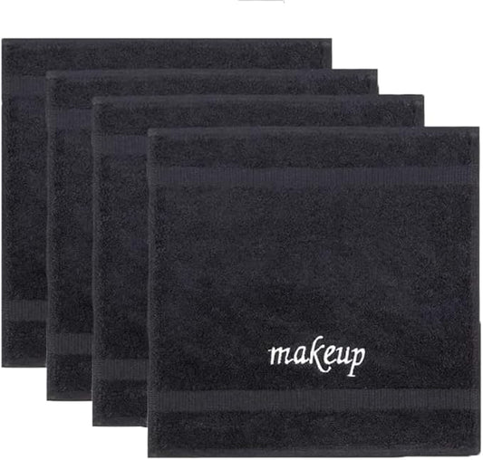 Chakir Turkish Linens | Hotel & Spa Quality 100% Cotton Premium Turkish Towels | Soft & Absorbent (4-Piece Washcloths, Black - Makeup Embroidered)