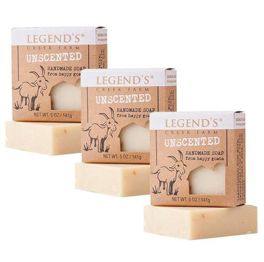 Legend’s Creek Farm Goat Milk Soap - Cleansing Moisturizing Soap Bar for Hands and Body - 5 Oz Creamy Lather, Nourishing, Gentle Natural Soap for Sensitive Skin, Handmade in USA (Unscented, Pack of 3)