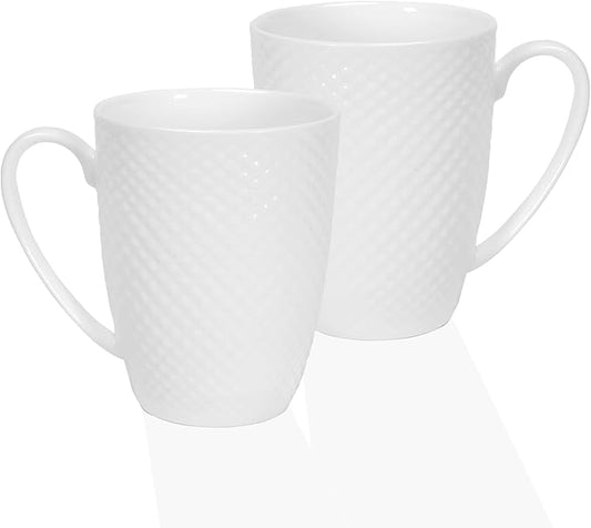 12 Oz Coffee Mugs Set of 2, Fine Bone China Mugs, White Ceramic Tea Cup, Rhombus Relief Texture Coffee Mugs for Latte, Tea, Hot Cocoa, Women, Men