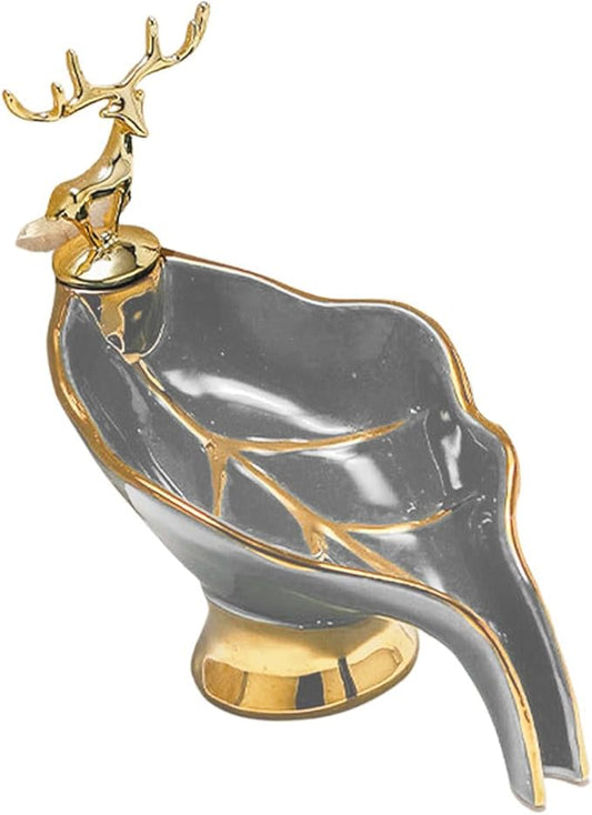 Ceramic Soap Dish, Self Draining Soap Holder Shower, Soap Bar Dishes,Creative Leaf Shape Soap Tray with Gold Plastic Deer for Bathroom, Kitchen, Sink, Countertop, Easy to Clean (Gray)