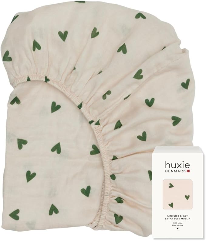 Denmark - Super Soft Muslin Mini Crib Sheets - 24'' x 38'' - 100% Organic Baby Crib Sheets for Boys and Girls (Green Hearts)