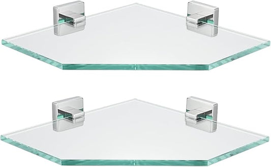 JQK Corner Glass Shelf, Polished Chrome Bathroom 304 Stainless Steel Shower Triangle Floating Wall Shelf, 10 x 10 Tempered Glass, 2 Pack, TGS290L10-CH-P2