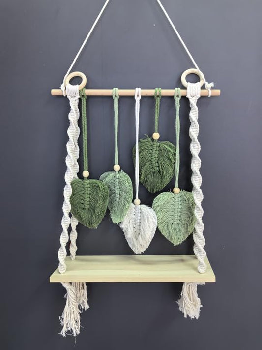 Macrame Plant Hanger,Boho Decor Floating Shelves with Leaves , Wood Floating Shelves for Wall No Drilling for Plants Photos,Girls Bedroom Decor Storage Shelf，Ideal Gifts for Housewarming (1 tier)