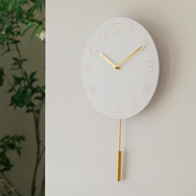 mooas Flatwood Wall Clock Pendulum White,12" Wood Wall Clock Non-Ticking Sweep Movement Decorative Clock Battery Operated Clock for Home Living Room Kitchen Bedroom Office School