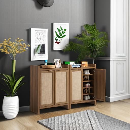 SICOTAS Shoe Cabinet Set of 2, Large Capacity Shoe Storage Organizer Cabinet, Tall Rattan Shoe Cabinet with Doors and Shelves, 6-Tier Farmhouse Boho Wooden Storage Cabinet for Entryway Hallway