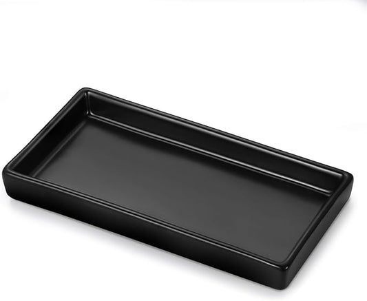Luxspire Bathroom Vanity Tray, Mini Soap Dispenser, Small Ceramic Perfume and Jewelry Dish, Trinket Holder, Rectangle Candle Tray, Bath Organizer Kitchen Sink Narrow Soap Dish, Black