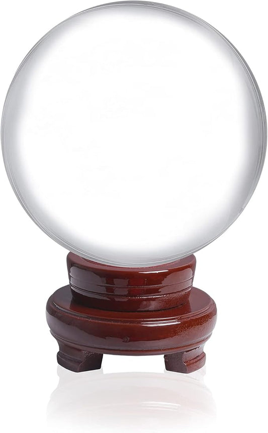 LONGWIN 100mm (3.9 inch) Clear Crystal Ball for Photography Fortune Telling Free Wooden Stand with Gift Pakcing