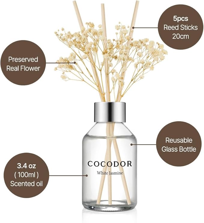 COCODOR Flower Reed Diffuser Set / 3.4oz / White Jasmine/Scent Diffuser with Sticks Home Fragrance Reed Diffuser for Bathroom Shelf Decor