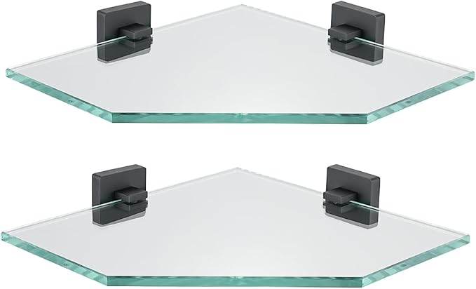 JQK Corner Glass Shelf Black, Bathroom 304 Stainless Steel Shower Triangle Floating Wall Shelf, 10 x 10 Tempered Glass, 2 Pack, TGS290L10-PB-P2