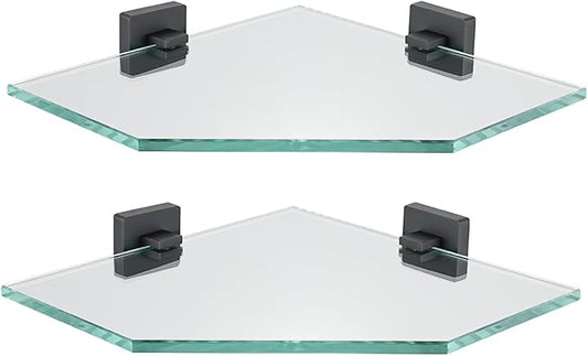 JQK Corner Glass Shelf Black, Bathroom 304 Stainless Steel Shower Triangle Floating Wall Shelf, 10 x 10 Tempered Glass, 2 Pack, TGS290L10-PB-P2