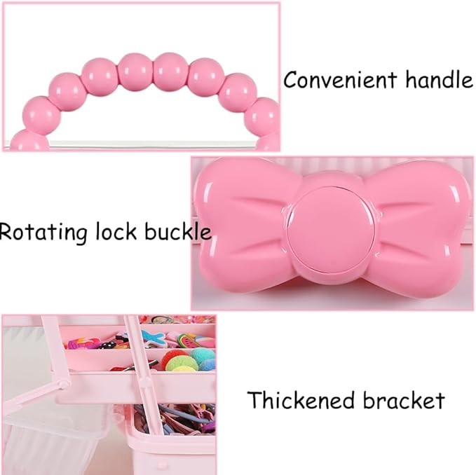 Hair Accessories Organizer for Girls Headbands, Clips, Ties Baby Girl Supplies, Lockable Three-layer Folding Craft Organizers and Storage Plastic Jewelry Box,10.8 * 5.9 * 5.7in (Pink)