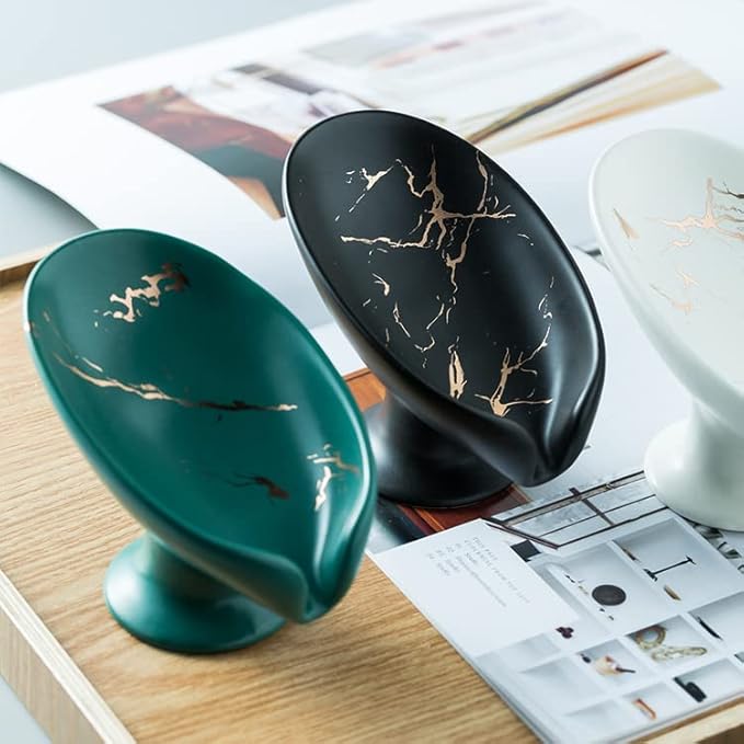 Leaf-Shape Ceramic Soap Dish, Gold Marble Pattern, Easy to Clean, Self Draining Soap Holder, Keeps Soap Dry (Green)