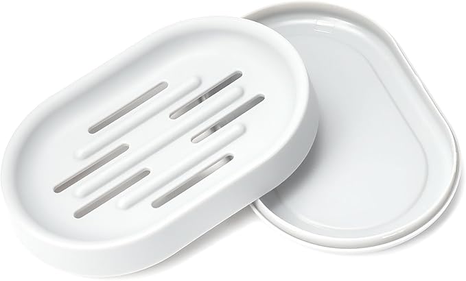 Topsky 2 Pack Soap Dish for Shower, Sink, Bathtub, Oval Plastic White Soap Bar Holder with Drain, Easy to Clean, Durable