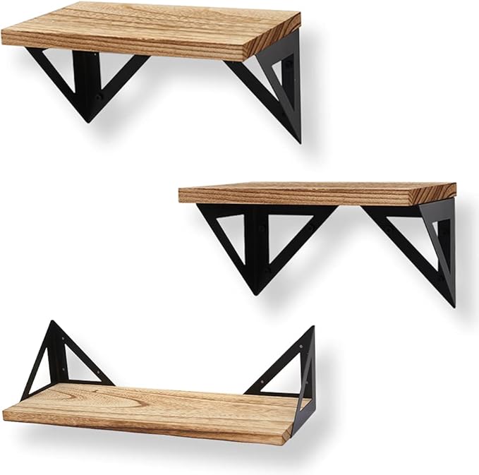 Rustic Wood Wall Shelves Set of 3,Floating Shelves Wall Mounted with Metal Bracket, Wall Mounted Farmhouse Shelves for Living Room, Kitchen, Bedroom and Bathroom