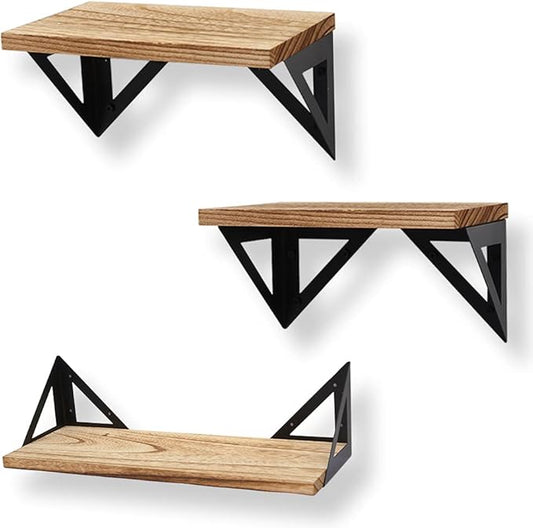 Rustic Wood Wall Shelves Set of 3,Floating Shelves Wall Mounted with Metal Bracket, Wall Mounted Farmhouse Shelves for Living Room, Kitchen, Bedroom and Bathroom