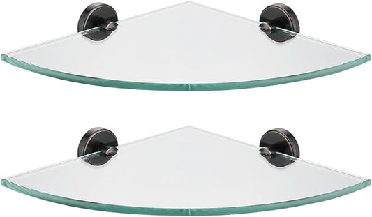 JQK Corner Glass Shelf, Oil Rubbed Bronze Bathroom 304 Stainless Steel Shower Triangle Floating Wall Shelf, 10 x 10 Tempered Glass, 2 Pack, TGS190L10-ORB-P2