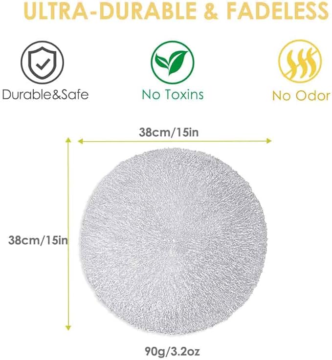 GIVERARE Placemats Set of 4, Round Heat-Resistant Vinyl Placemat, 15 inch Non-Slip Washable PVC Table Mat, Easy to Clean Premium Plastic Mats for Dining, Kitchen Table (Bright Silver)