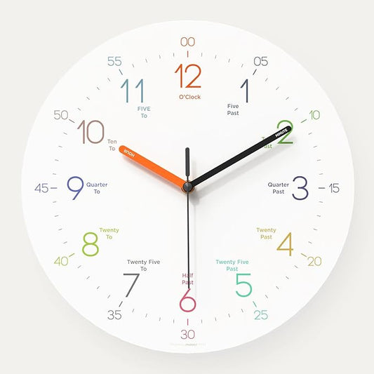 mooas Kids Easy Learning Flatwood Wall Clock,12" Wood Clock for Kids Learning Non-Ticking Sweep Movement Decorative Clock Battery Operated Wall Clock for Home Living Room Bedroom School