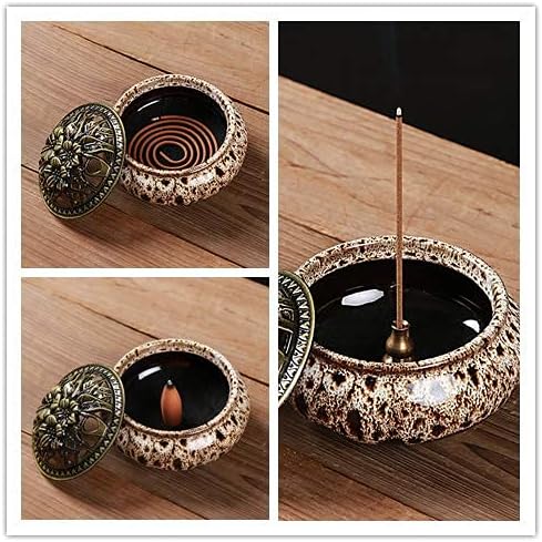 Ceramic Incense Burner with Incense Stick Holder + Insulation use for Stick or Coil Incense, Sage Cones and Frankincense (Fambe Gray)