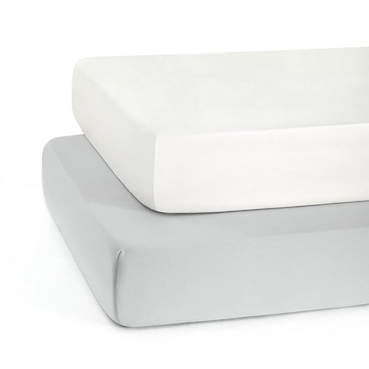 TILLYOU Baby Crib Sheets for Boys Girls, Fitted Crib Sheet 2 Pack for Standard Crib and Toddler Mattresses, Super Soft Toddler Bed Sheets, 28"x52"x8", White & Gray