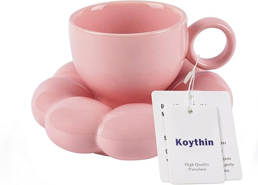 Koythin Ceramic Coffee Mug with Saucer Set, Creative Cute Cup with Sunflower Coaster for Office and Home, 6.5 oz/200 ml for Tea Latte Milk, Suitable for Mom on Mother's Day (Peach Pink)