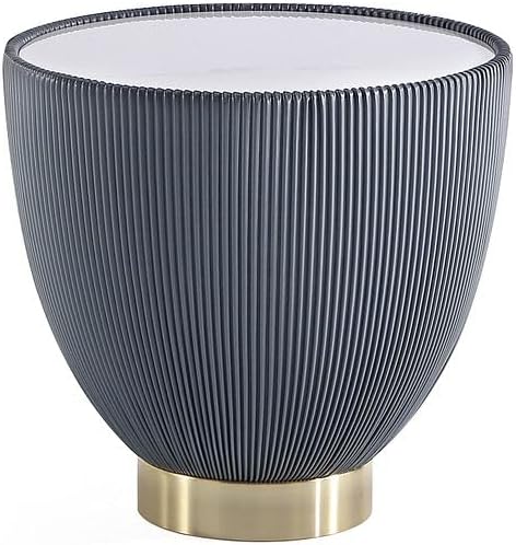Manhattan Comfort Anderson Modern 18" Round End Table 2.0 | Ceramic Marble Tabletop, Elegant Pleated Leatherette Design & Gold Stainless Steel Base, Fully Assembled Accent Furniture, Set of 1, Grey