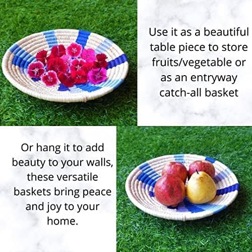 Set of 5 Round Boho Hanging Wall Basket Home Decor for Bedroom, Kitchen, Farmhouse Handmade Decorative Unique Indian Wall Decor Woven Wicker Baskets Christmas Gifting (Green Blue, Vivid)