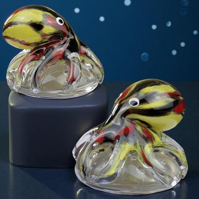 Hand Blown Glass Octopus Figurine with Iridescent Tentacles & Polished Crystal Base, Sea Life Figurines for Decorating Fish Tank Aquariums, Glass Paperweight (Black)