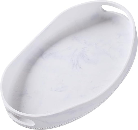 White Marble Serving Tray with Handles - 14x10 inches, Beaded Oval Decorative Tray, Countertop Ottoman Tray for Vanity, Living Room Entryway Table, Perfume Candle Display