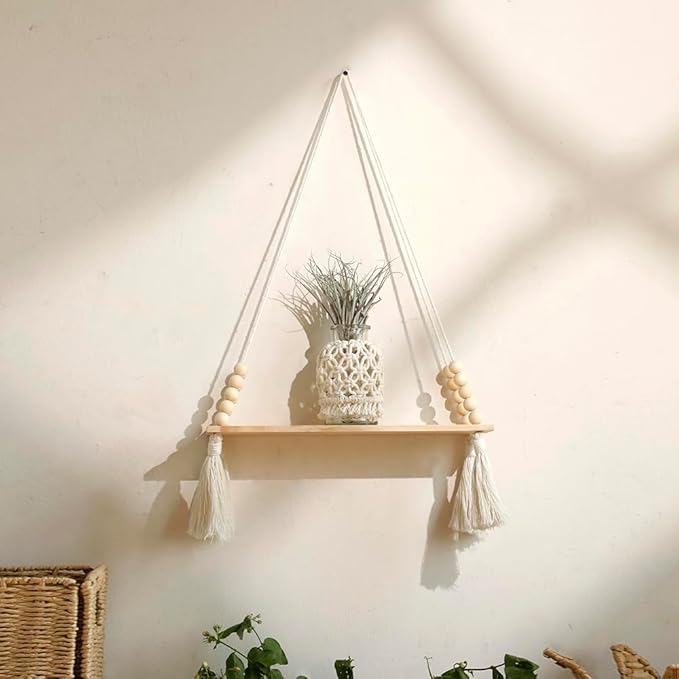 Artilady 2 Pack Wooden Wall Hanging Shelves - Macrame Hanging Plant Shelf with Tassel,Boho Storage Floating Shelves Handmade Rustic Hanger Planter Rack Pot Stand Holder