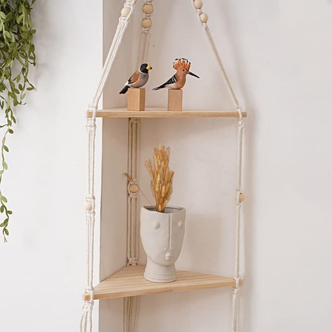 Macrame Wall Hanging Shelf Tassel Woven Macramé Shelves,Boho Wall Hanging Shelves for Small Plants Photo Frames,Home Living Room Bedroom Balcony Decor (3T)