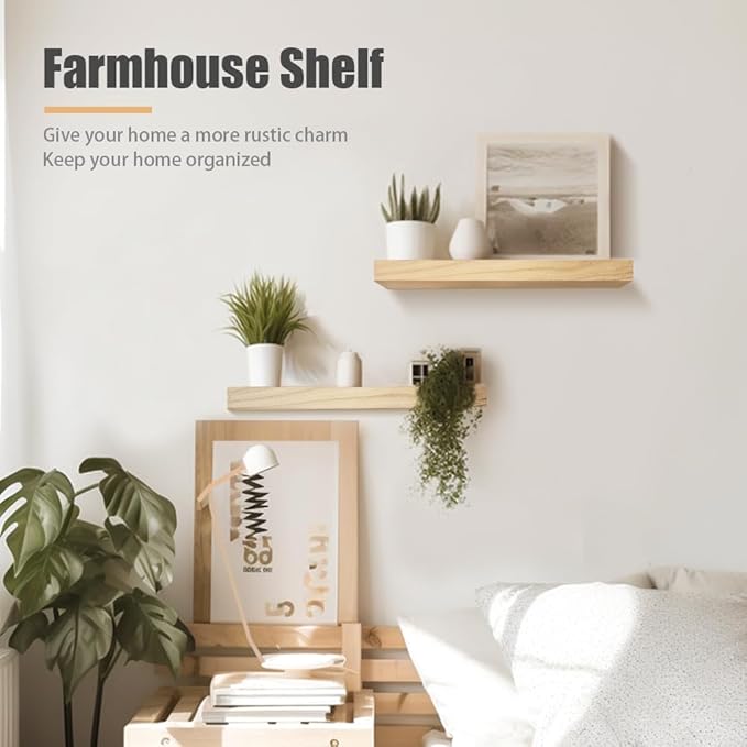 Floating Shelves for Wall, Natural Wood Shelf Decor for Bathroom Kitchen Bedroom, Hanging Mounted Invisible Bracket, Small 17 inch, Rustic Burlywood