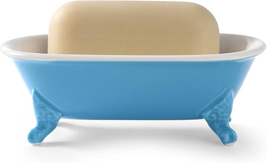 6.5" Ceramic Mini Decorative Clawfoot Bathtub Bar Soap Dish, Kitchen Sponge Holder and Shower Tray for Bathroom, 1 Pack(Pacific Blue)