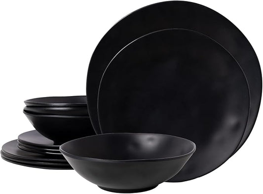 Black Melamine Plates and Bowls Set，12-Piece Melamine Dinnerware Sets for Indoor and Outdoor Use, Lightweight RV and Camping Dish Set for 4, BPA Free and Dishwasher Safe