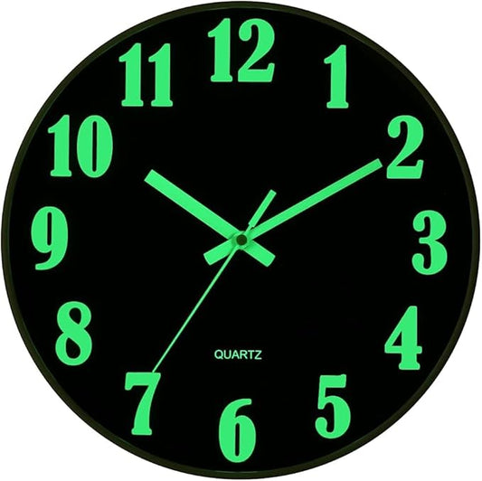 JoFomp Glow in The Dark Clock, 14 Inch Modern Silent Non Ticking Wall Clocks Battery Operated, Night Light Wall Clock for Living Room Decor, Wall Clock Decorative for Kitchen Bedroom