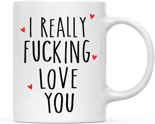 Andaz Press Valentine’s Day Funny 11oz. His Her Couples Coffee Mug Gift, I Really Fucking Love You, Heart Graphic, 1-Pack, Gift Box