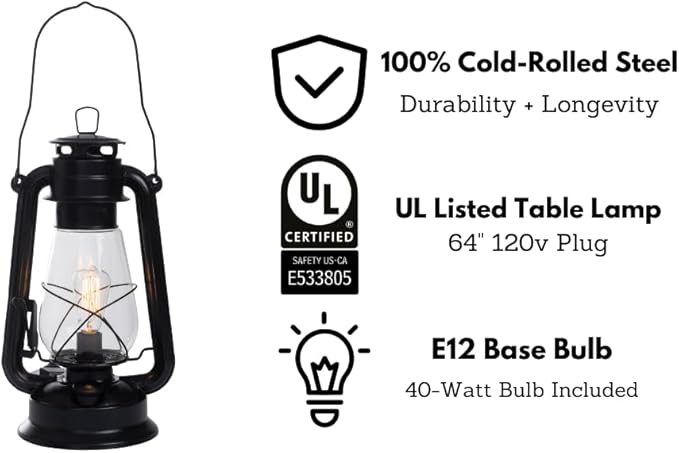 Rustic Farmhouse Lantern Table Lamp: Dimmable, Edison Bulb, Line Cord Dimmer - Medium Body, Rustic Finish, US UL/ULC Canada Safety Listed by Muskoka Lifestyle Products USA