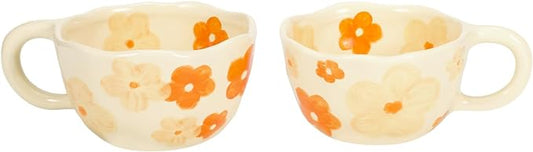 Koythin 2-Pieces Ceramic Coffee Mugs, Creative Cute Flower Cup for Office and Home, 8.5 oz/250 ml Aesthetic Mug for Latte Tea Milk (2 Orange Flower)