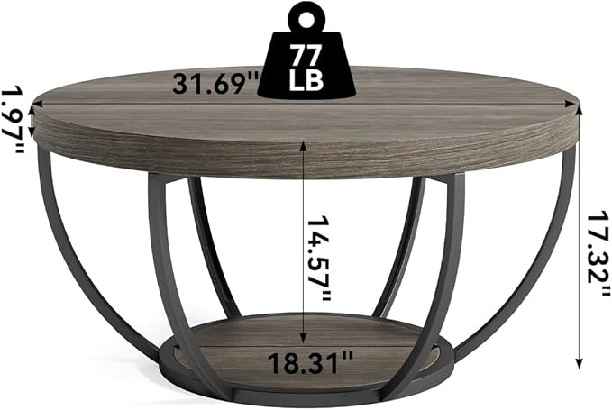 LITTLE TREE Round Coffee Table, 32" Circle Coffee Table for Living Room, 2-Tier Wood Accent Center Table with Open Storage Industrial Design Home Furniture (Grey and Black)