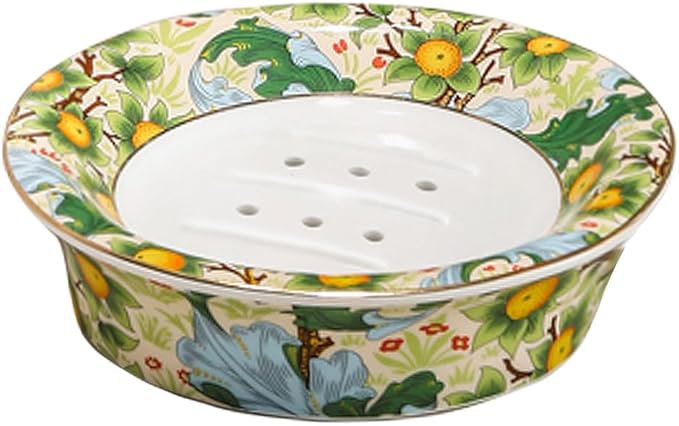Floral Decorative Self Draining Soap Dish, Double-Layer Round Soap Tray, Vintage Ceramic Soap Dish (Style A)