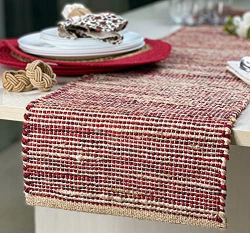 Chardin Home Natural Jute Table Runner 13x90 Inch – Vintage Boho Rustic Table Decor – Handwoven Jute Table Runner in Natural and Red – Farmhouse Dining or Console Table Accent