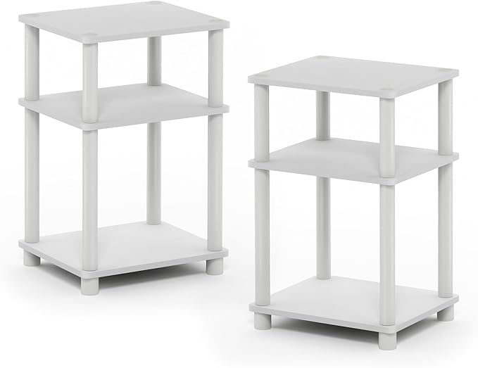 Furinno Just 3-Tier Turn-N-Tube End Table / Side Table / Night Stand / Bedside Table with Plastic Poles, 2-Pack, White/White