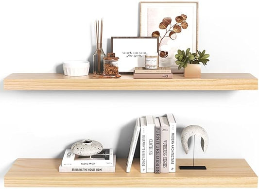 Habudda Floating Shelves, Wood Wall Shelf, Natural Wooden Home Decor for Bathroom Kitchen Bedroom, Hanging Mounted Invisible Bracket, Extra Long 35.5 Inch, Set of 2