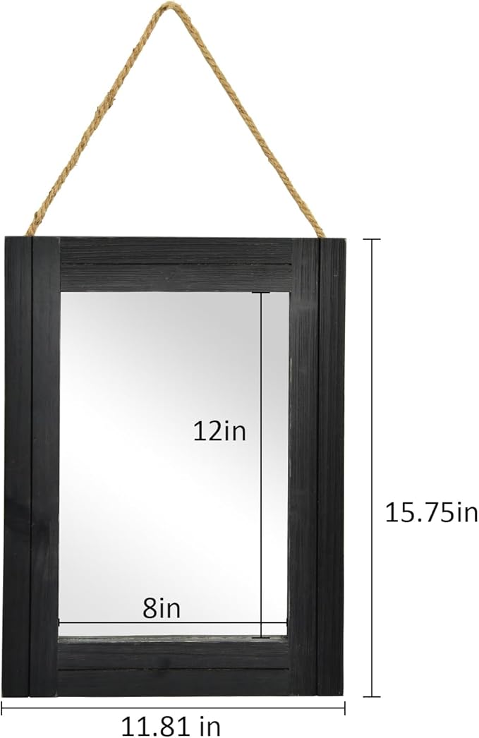 12 x 16 in Wall Decorative Mirror, Rustic Wood Frame Rectangular Mirror with Hanging Rope for Entryway, Bedroom, Guest Bathroom, Living Room, Bedroom, Black