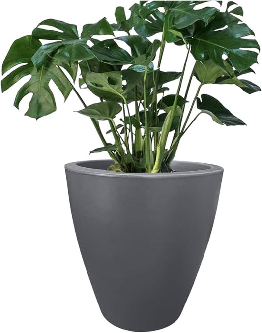 Elly Décor 12 inch Planter for Garden with Drainage, Large Round, Lightweight & Extremely Durable, Deck Indoor/Outdoor Plastic Pot, 12"x12"x7", Gray