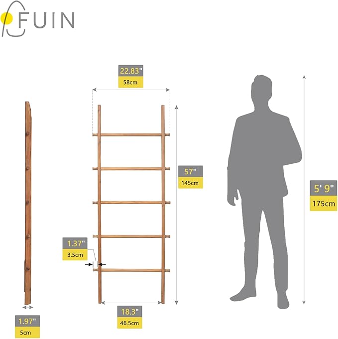 FUIN 57in Wood Blanket Ladder Living Room Decorative Wall Leaning Farmhouse Quilt Display Holder Rustic Wooden Towel Rack for Bathroom, Light Brown