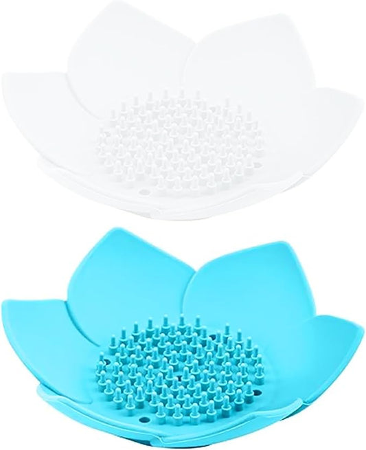 Draining Silicone Soap Dishes with Lotus Flower Shape Flexible (CushionPad-1SkyBlue1White)
