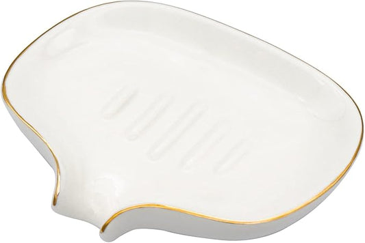 White Soap Dish Ceramic Self Draining Soap Dish Waterfall Slot Gold Edge Bathroom Accessories for Bathroom, Kitchen,Bar Counter